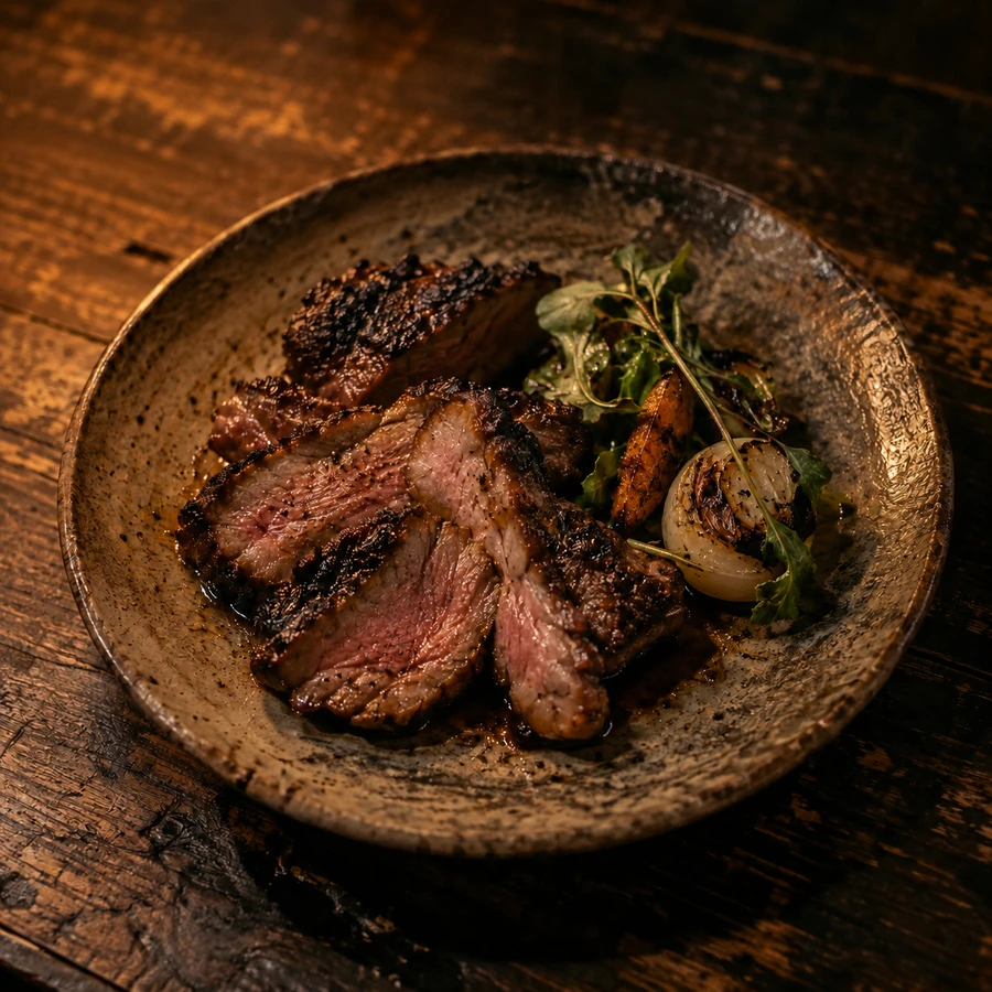 薪で焼いた肉を大皿に盛った一皿